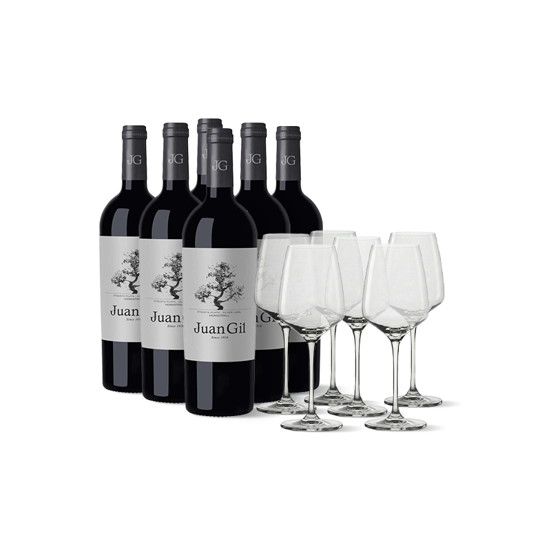 6 bouteilles Juan Gil Silver Label 12 meses + 6 verres Bouteilles de vin et verres